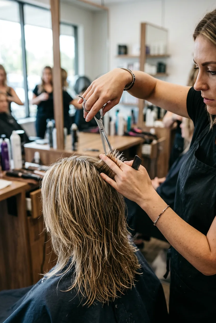 Point cutting technique with scissors held vertically creating small notches in layered hair ends