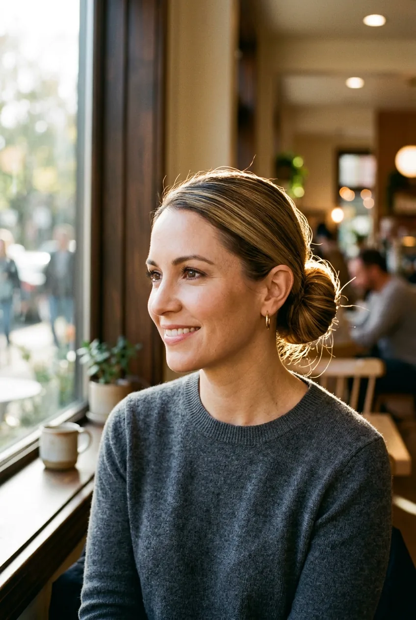 Woman with polished low bun at nape of neck in soft cafe window light
