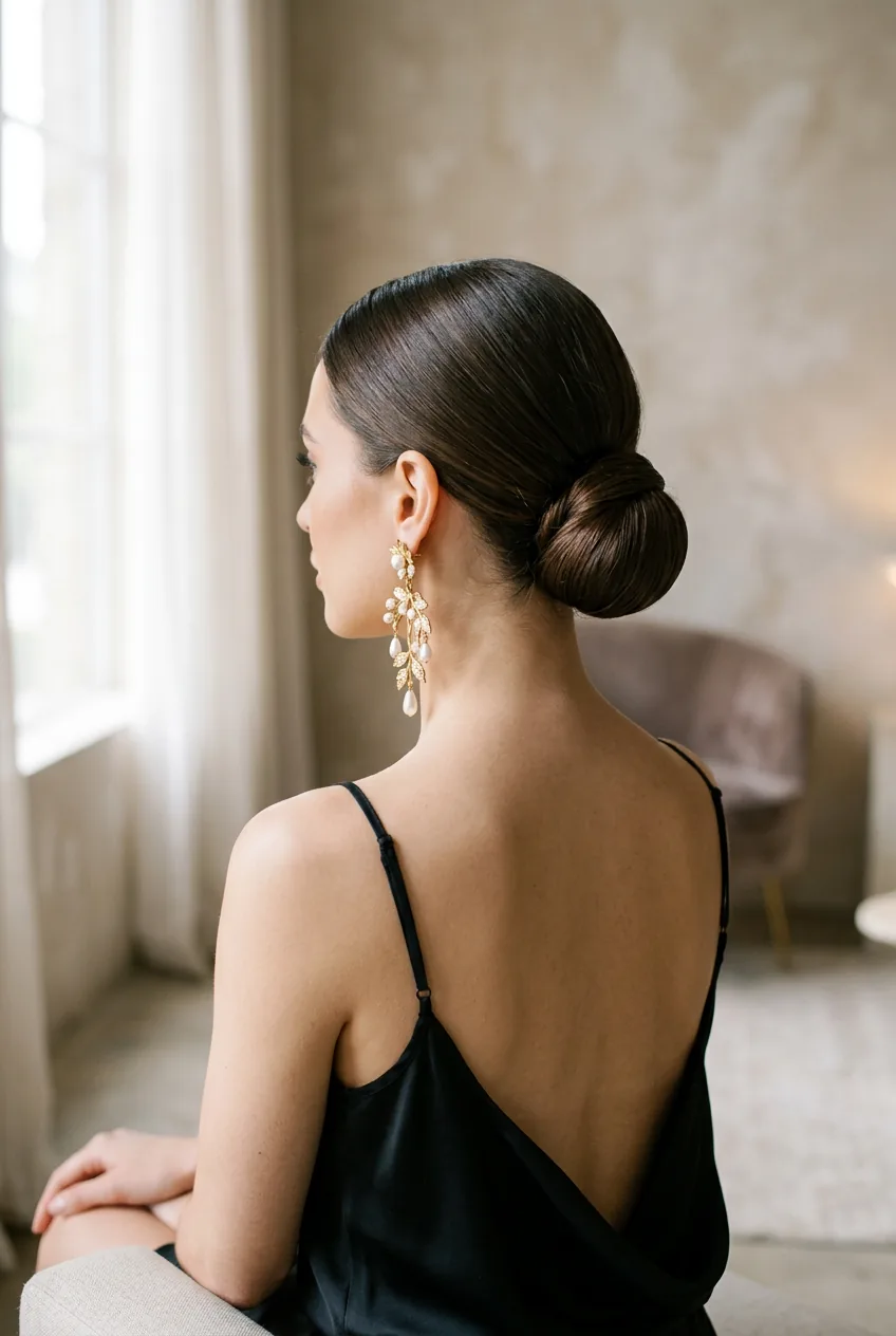 Three-quarter view of woman with polished low bun wearing statement earrings from behind