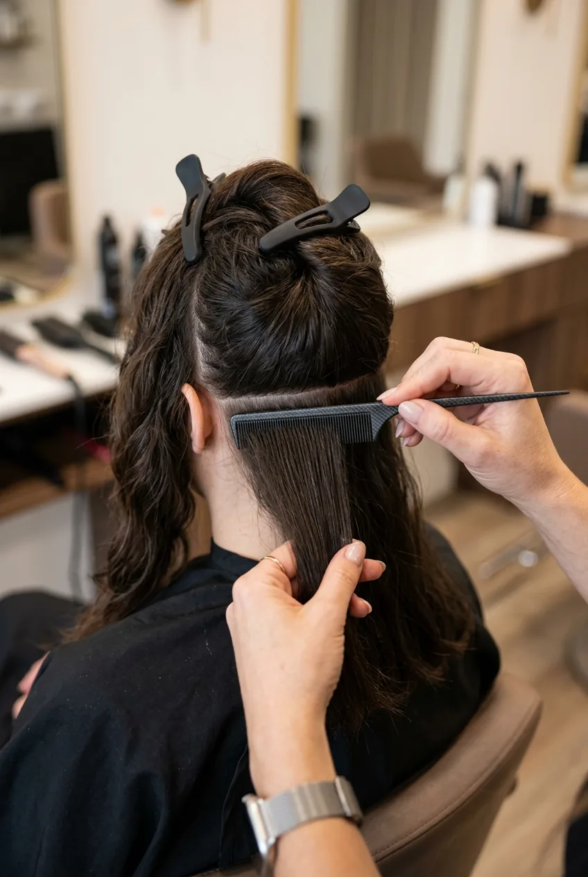 Hands creating precise hair sections with rat-tail comb dividing into upper and lower portions