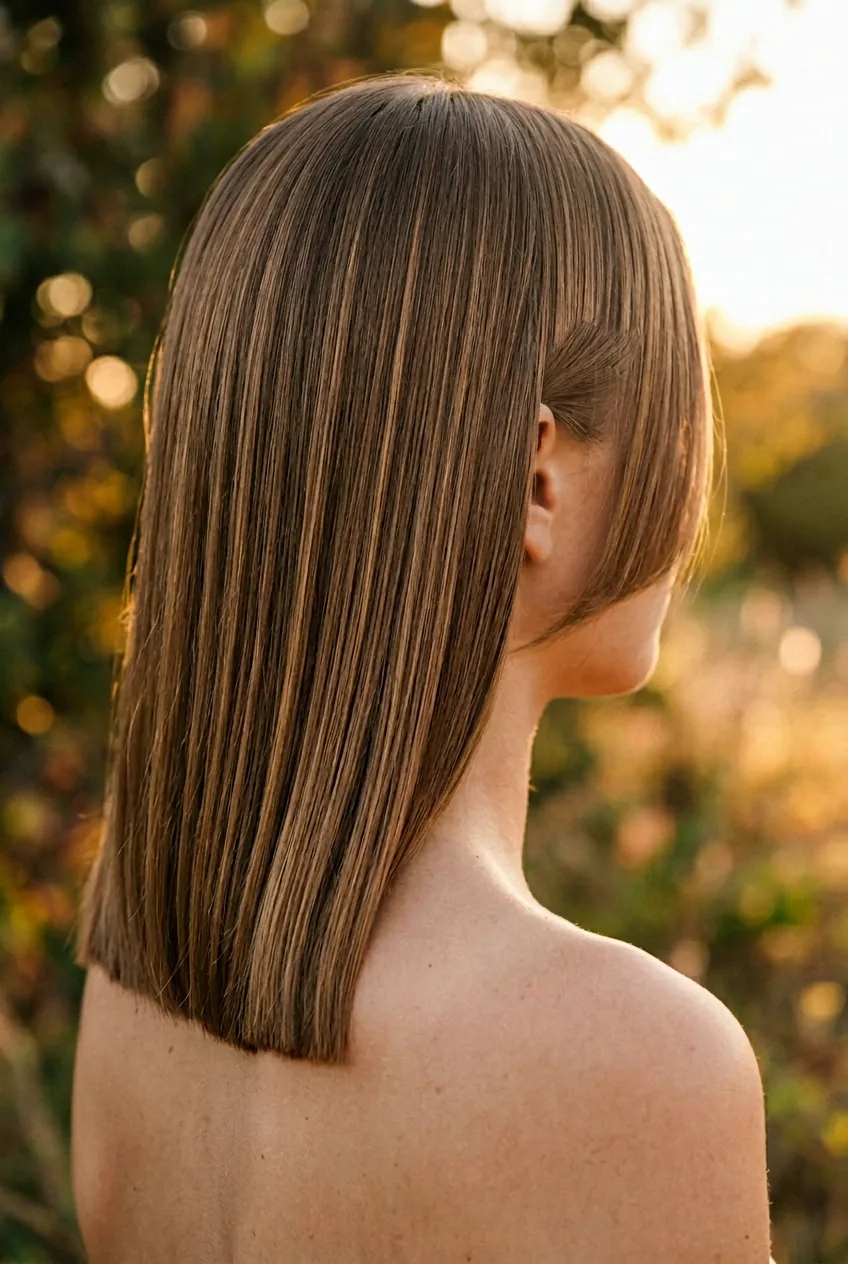 Shoulder-length straight hair with precise cut ending at shoulder line in golden light