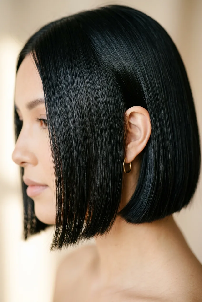 Close-up of precision-cut black bob with mirror-like finish and flawless texture