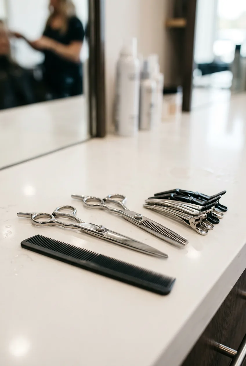 Professional haircutting tools arranged on salon counter including shears and sectioning clips