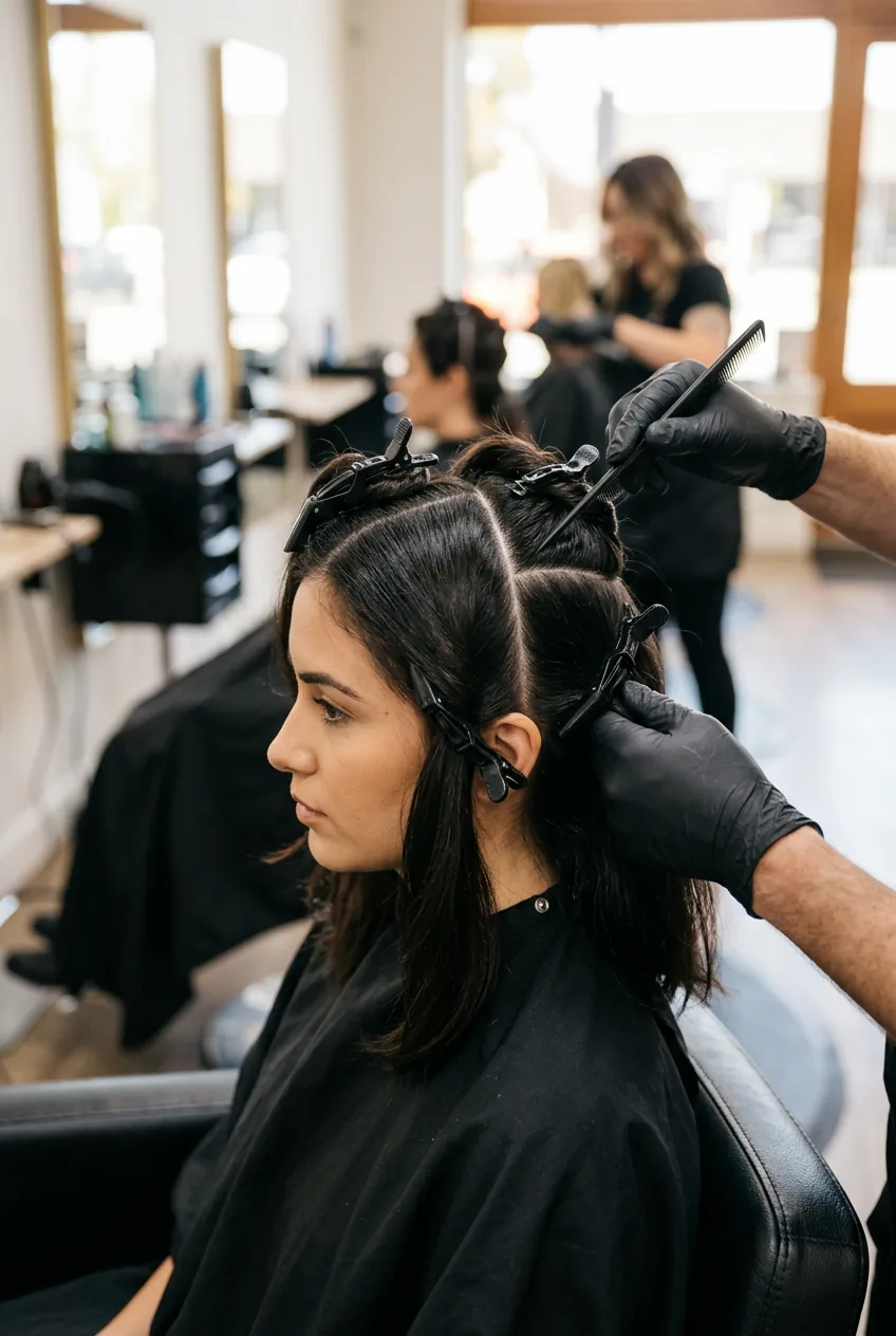 Model's hair sectioned into four quadrants with professional clips showing systematic cutting preparation