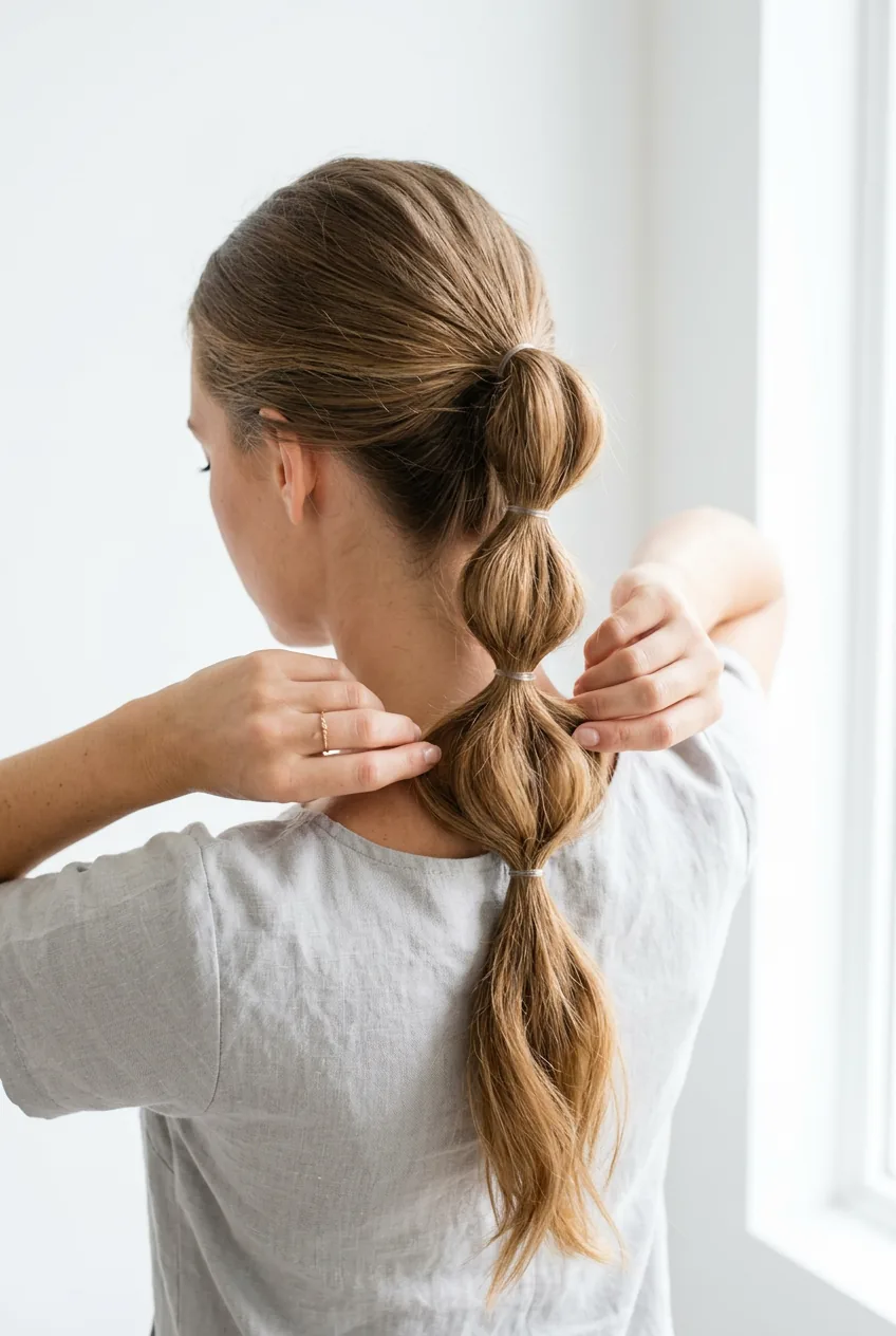 Hands carefully separating hair between elastics to create rounded bubble shape