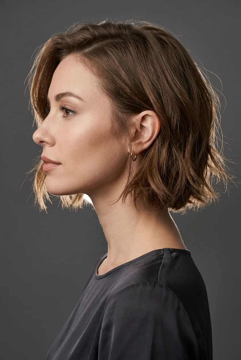 Woman displaying Rachel-inspired layered bob with face-framing pieces and modern styling approach