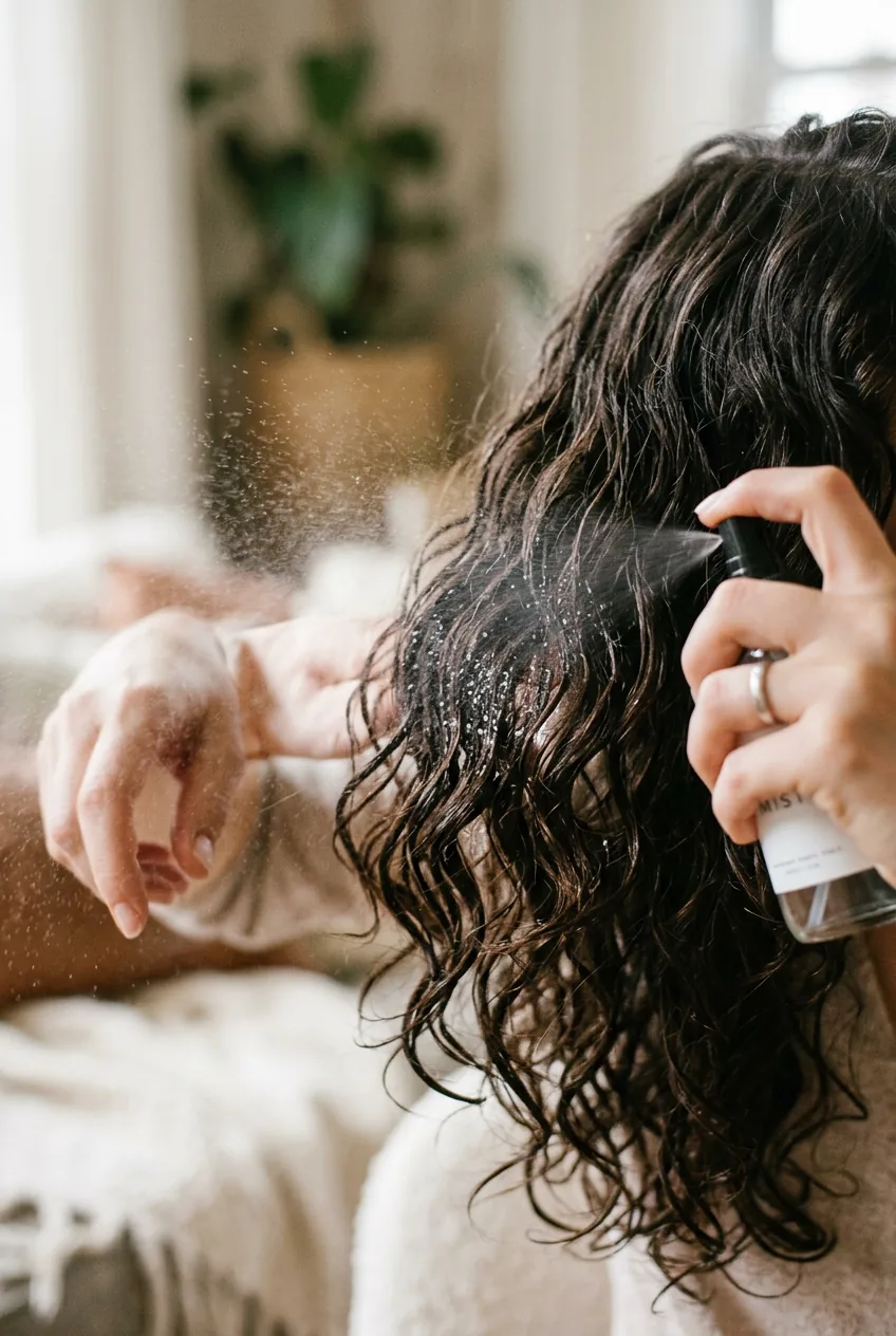 Second-day wavy hair being refreshed with water spray to revive flattened sections
