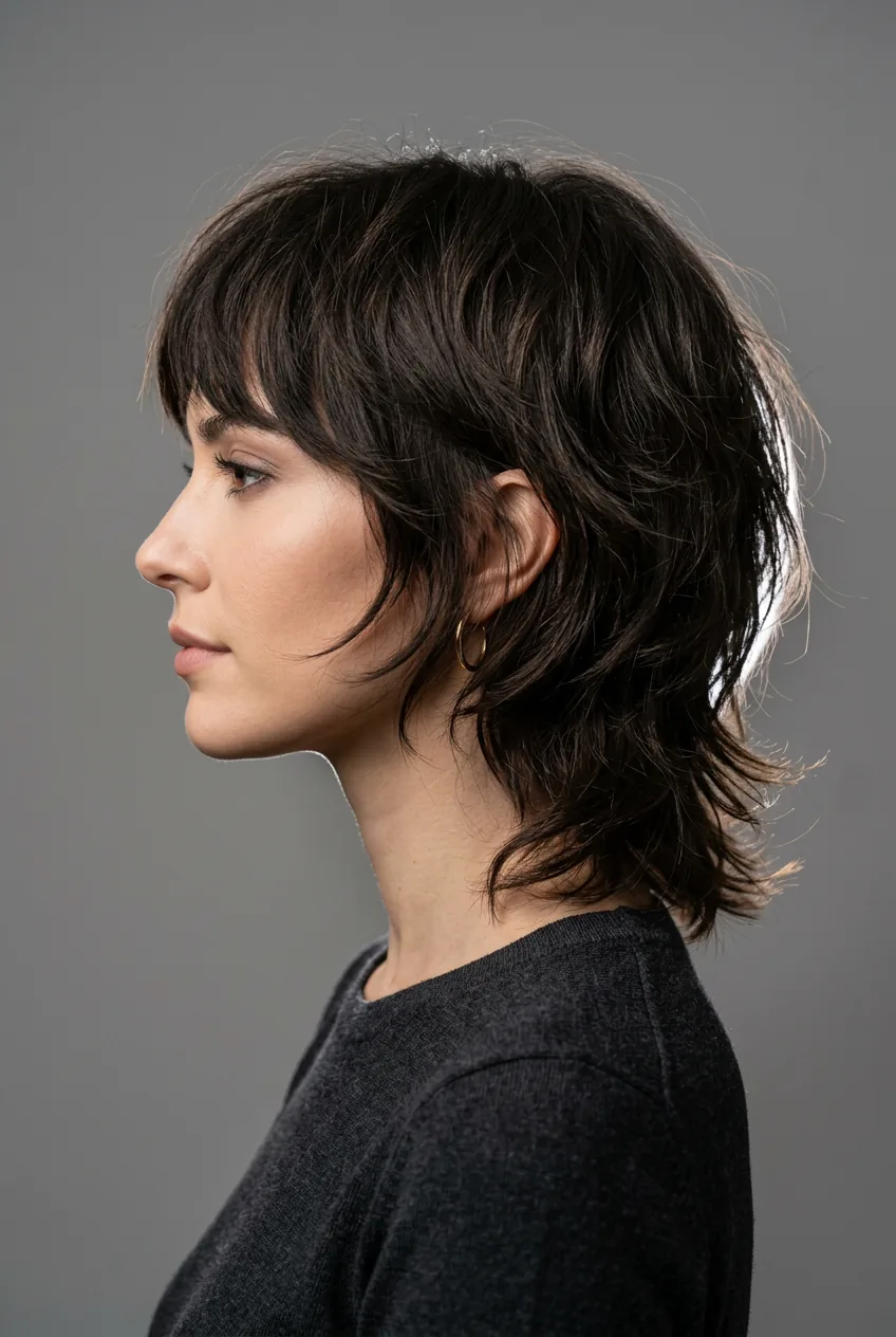 Woman with retro-inspired shag cut updated with modern balanced proportions