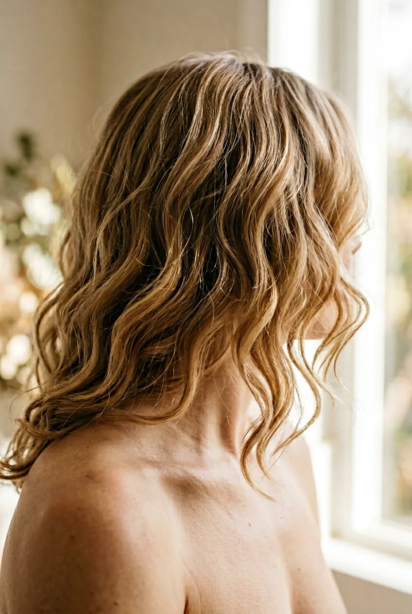 Collarbone length hair with romantic curls and honey blonde highlights