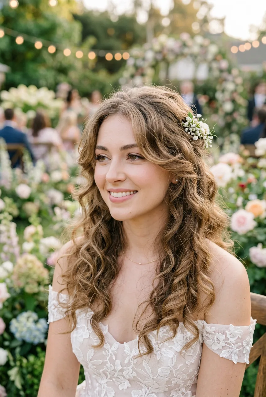 Romantic loose curls in light brown hair with soft ethereal garden lighting