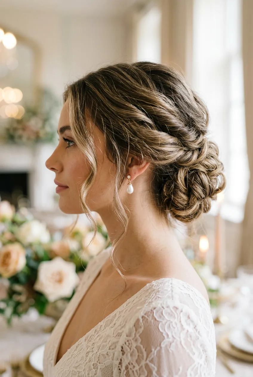 Side profile of romantic twisted updo with loose face-framing pieces and pearl earrings