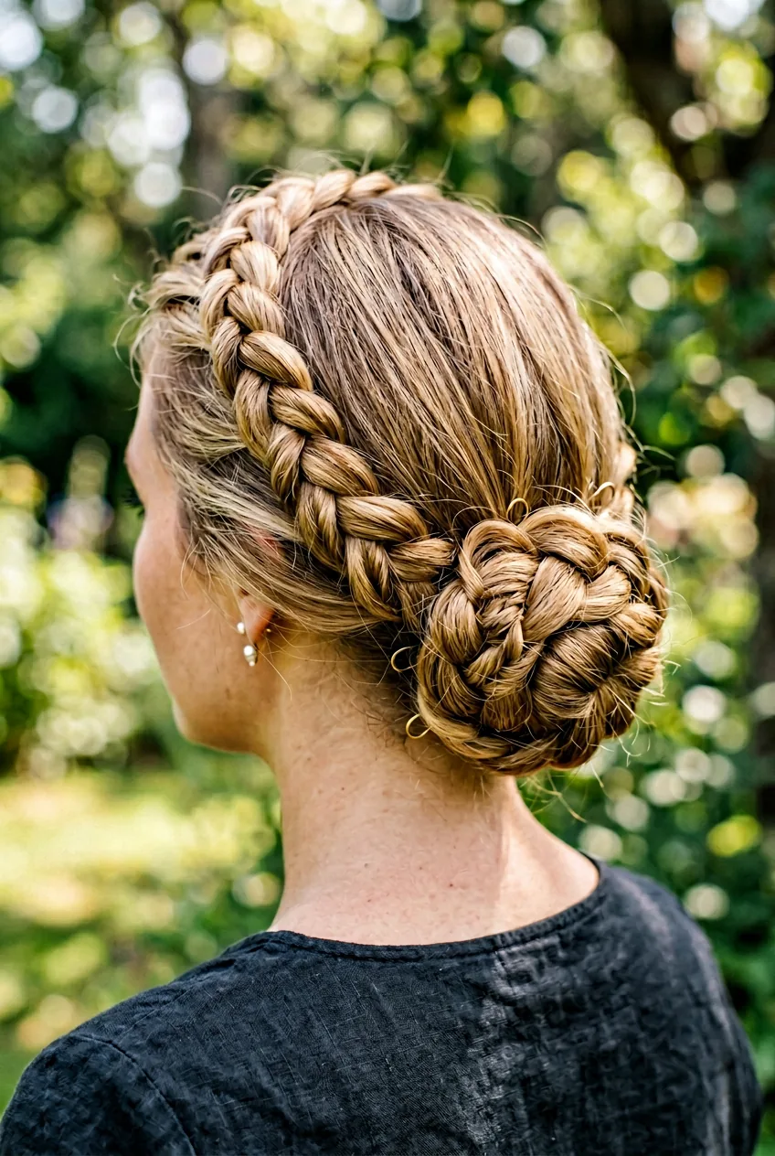 Detailed rope braid crown in honey blonde hair with intricate twisting pattern