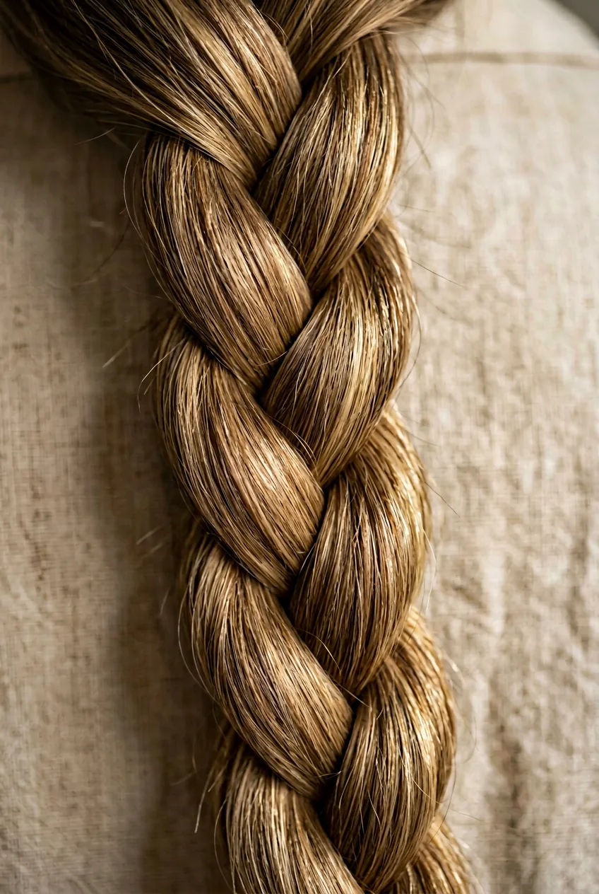Detailed rope braid twist showing two intertwined twisted sections in dark blonde hair with highlights