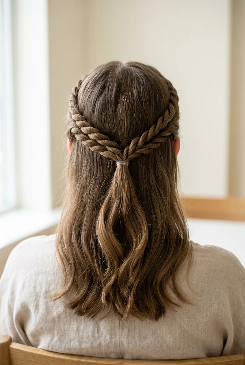 Rope twist half-up hairstyle with twisted sections secured at back of head with clear elastic