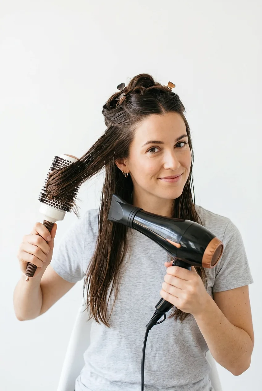 Woman using large round brush and blow dryer to create volume in long hair sections