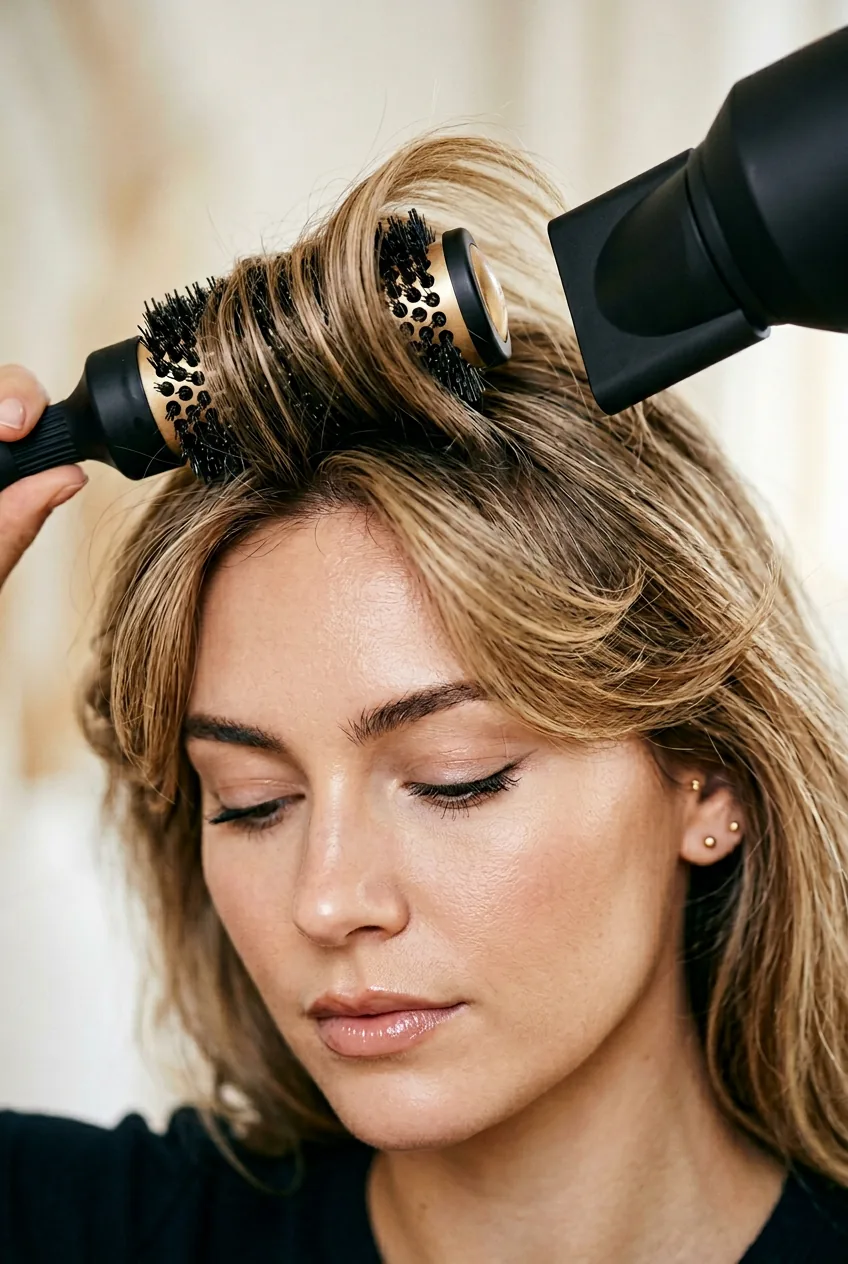 Round brush and blow dryer styling butterfly bangs creating volume and movement