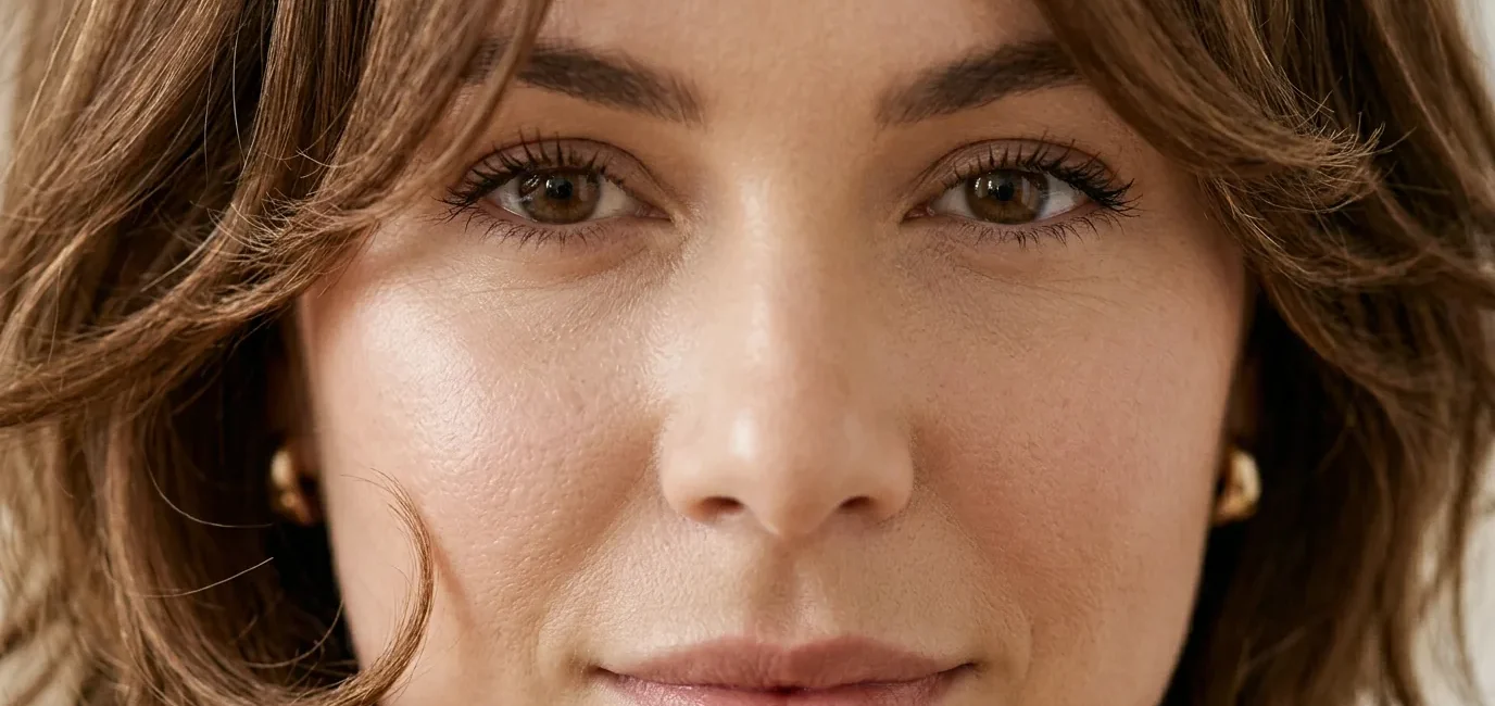 Woman with shoulder-length layered haircut designed for round face shape showing strategic angles