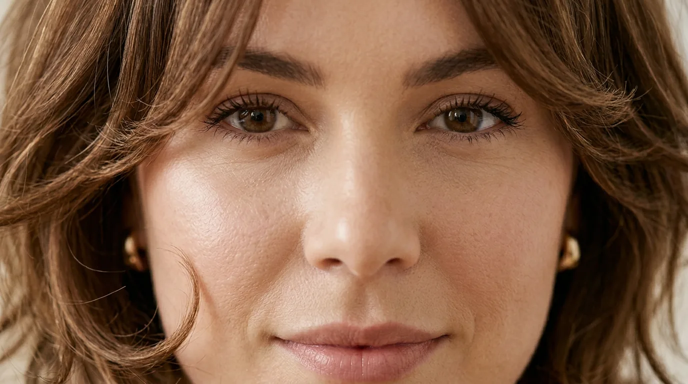 Woman with shoulder-length layered haircut designed for round face shape showing strategic angles