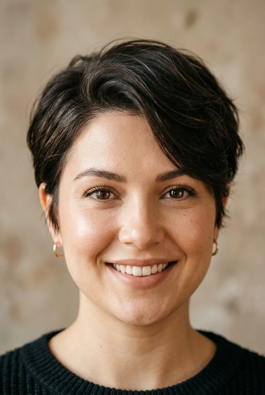 Round-faced woman with styled pixie cut emphasizing facial features in soft light