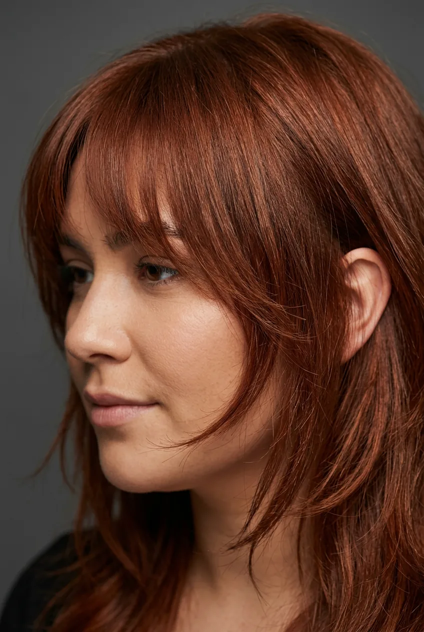 Woman with round face showing wispy bangs layers cut at varied lengths
