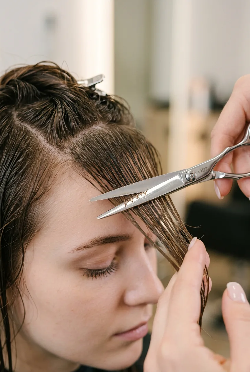 Sharp haircutting scissors cutting sectioned damp hair at an angle for butterfly bangs