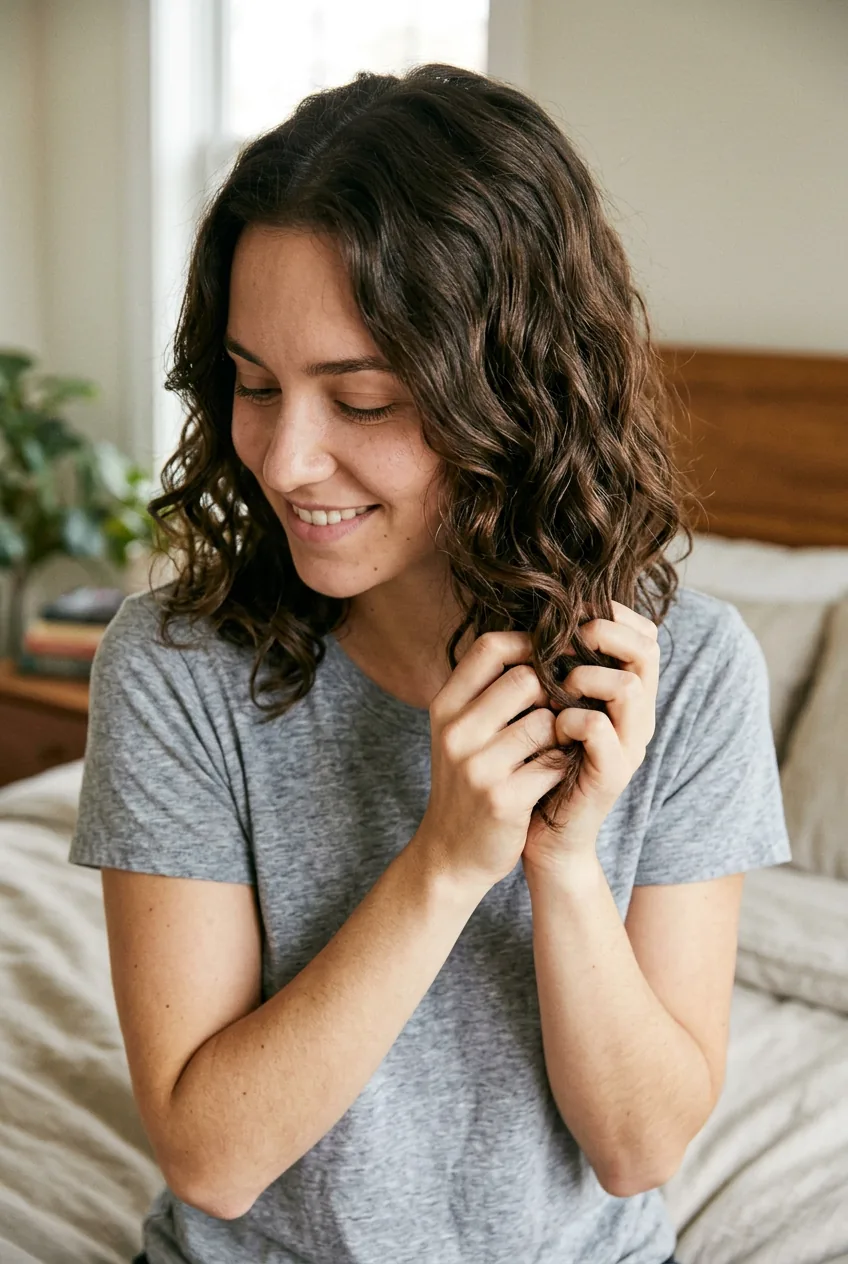 Hands gently scrunching out gel cast from fully dry defined wavy hair
