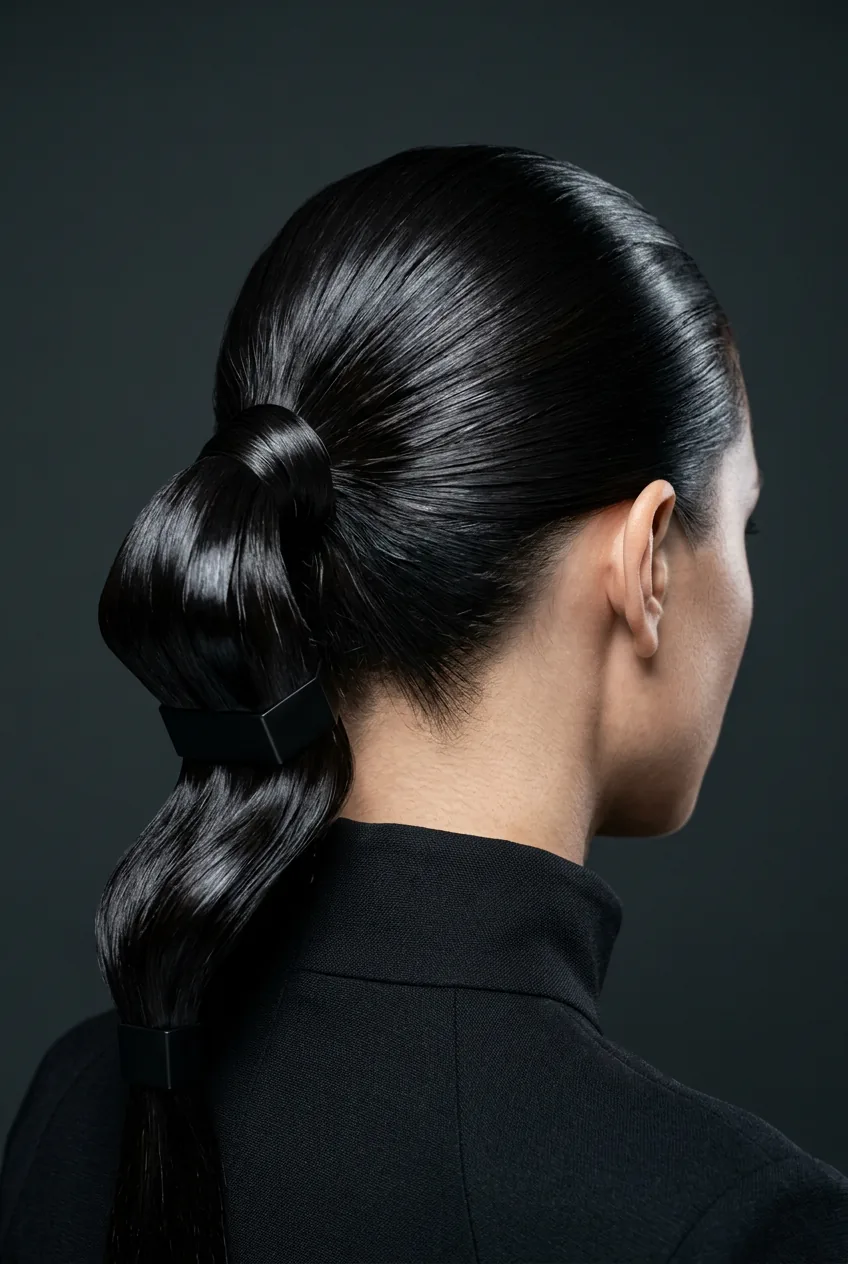 Sculptural high fashion ponytail with architectural precision and glass-smooth finish