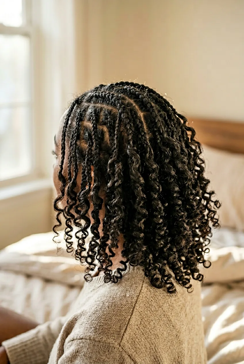 Second-day short braids with curls showing tousled, lived-in texture in natural morning light