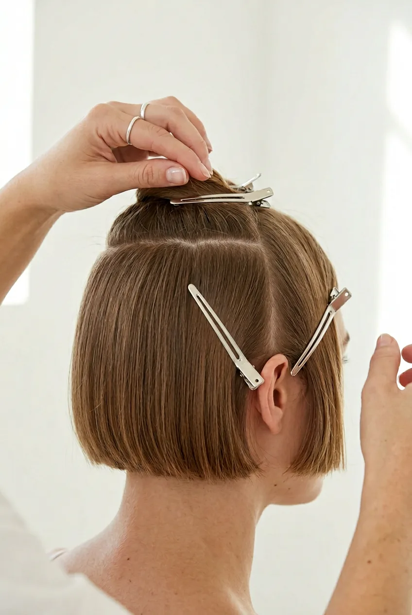 Short bob hair sectioned into three parts secured with small hair clips