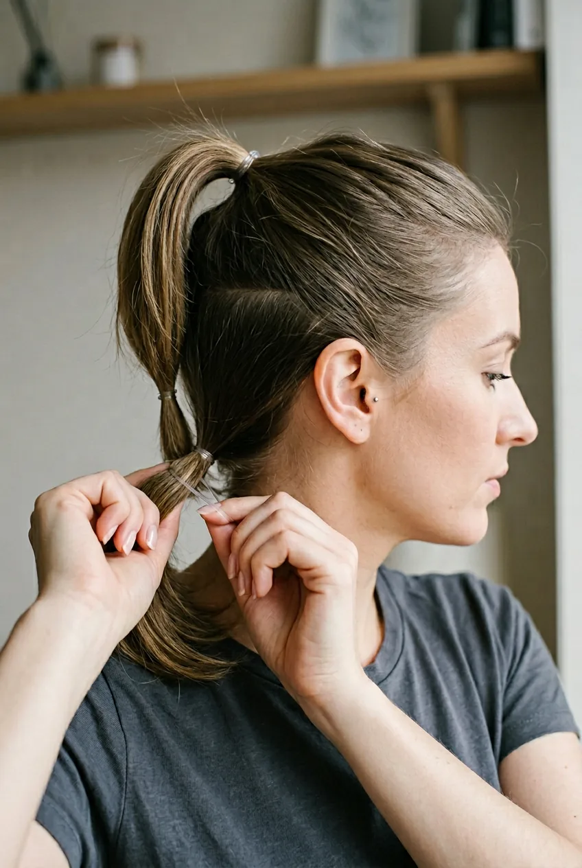 Side view showing hair sectioned into two ponytails at crown and nape levels