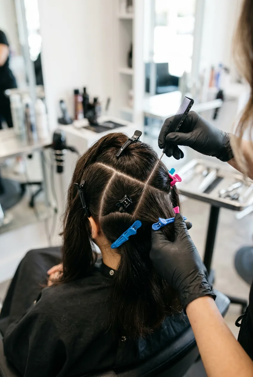 Hairstylist creating systematic diamond pattern sections with clips during butterfly haircut preparation