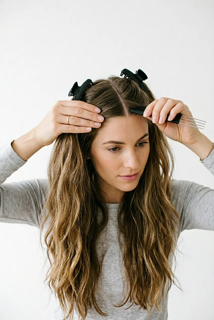 Woman sectioning long hair into four parts using hair clips for styling preparation