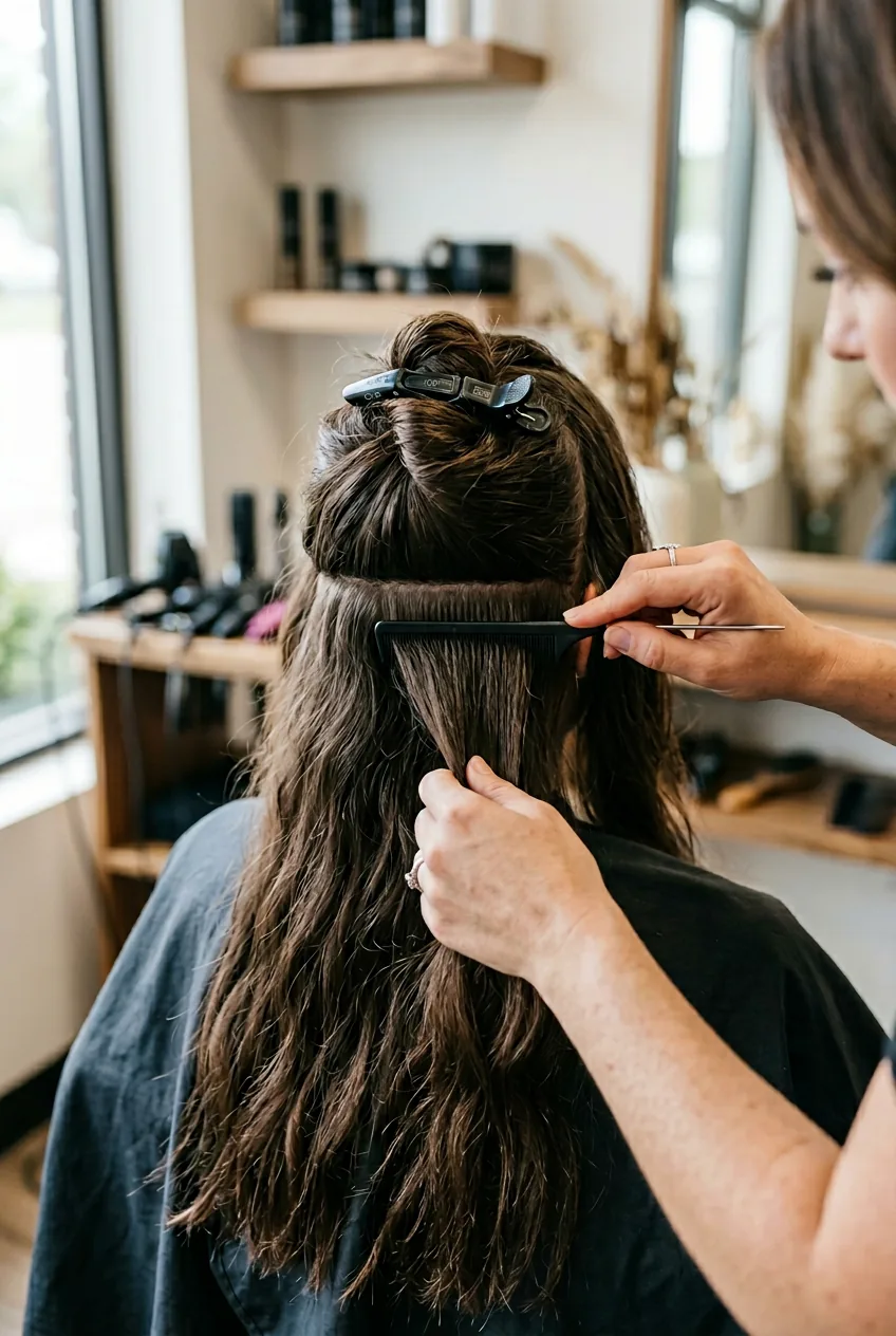 Woman's long hair being sectioned horizontally with rattail comb during updo preparation