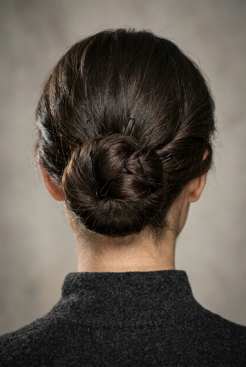 Back view of perfectly secured low bun with multiple bobby pins visible throughout the style