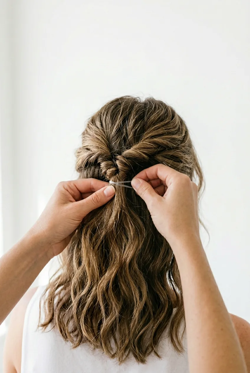 Hands securing twisted half-up style with clear elastic at crown of head