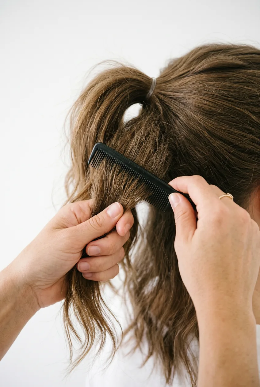 Hands wrapping clear elastic band around high ponytail at crown of head