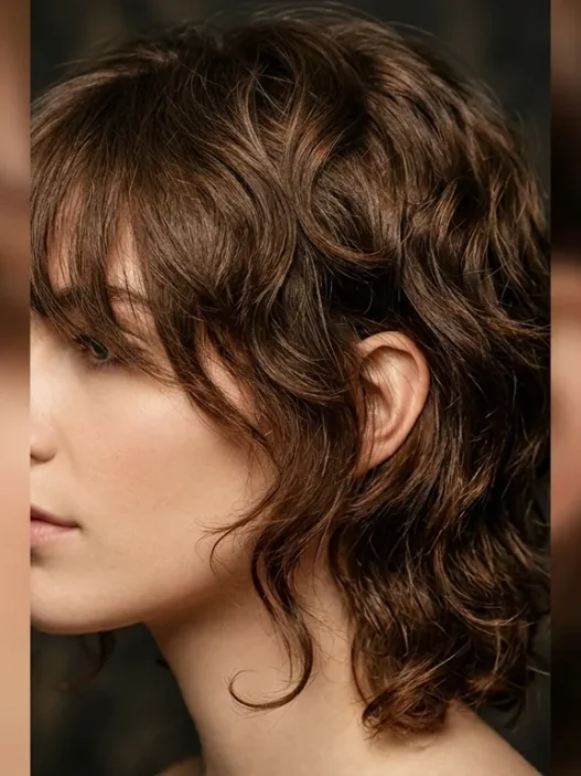 Woman with perfectly styled shag haircut featuring wispy face-framing bangs and textured layers