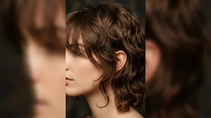 Woman with perfectly styled shag haircut featuring wispy face-framing bangs and textured layers