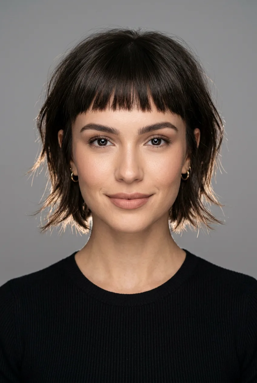 Woman displaying shag-bob hybrid with textured layers throughout and modern edge styling