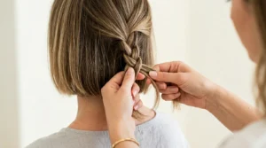 Close-up of hands braiding chin-length bob hair with three strands being woven together
