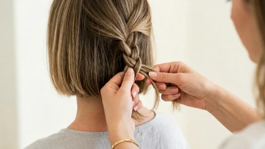 Close-up of hands braiding chin-length bob hair with three strands being woven together