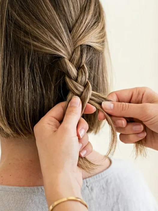 Close-up of hands braiding chin-length bob hair with three strands being woven together