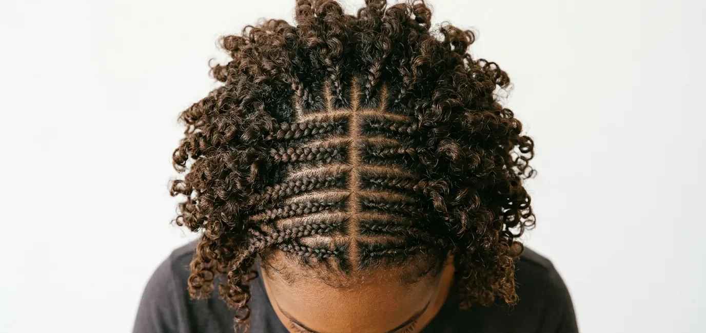 Overhead view of short curly hair styled in small braids mixed with loose curls showing pattern variety