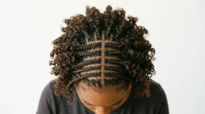 Overhead view of short curly hair styled in small braids mixed with loose curls showing pattern variety
