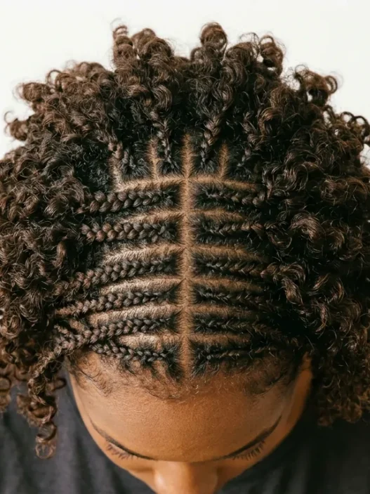 Overhead view of short curly hair styled in small braids mixed with loose curls showing pattern variety