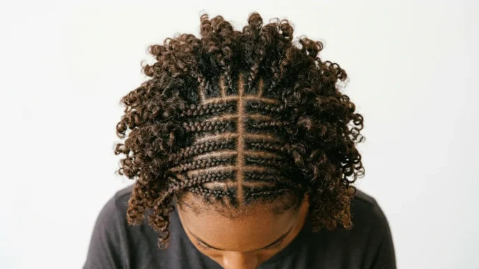 Overhead view of short curly hair styled in small braids mixed with loose curls showing pattern variety