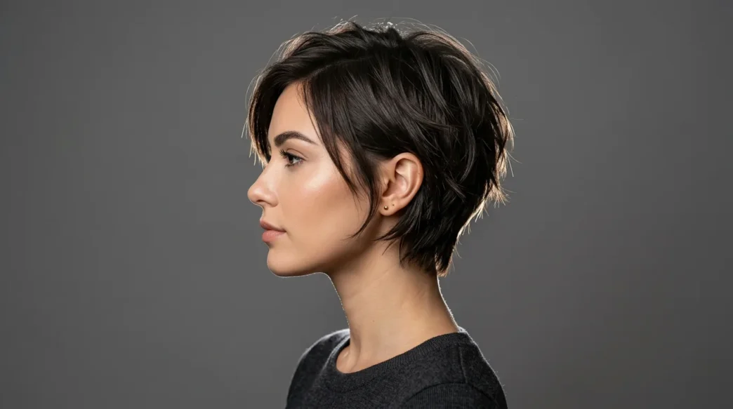 Woman with short layered haircut showing dimensional texture and movement in side profile view