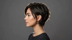 Woman with short layered haircut showing dimensional texture and movement in side profile view