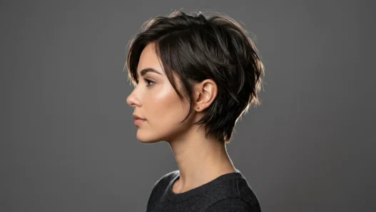 Woman with short layered haircut showing dimensional texture and movement in side profile view
