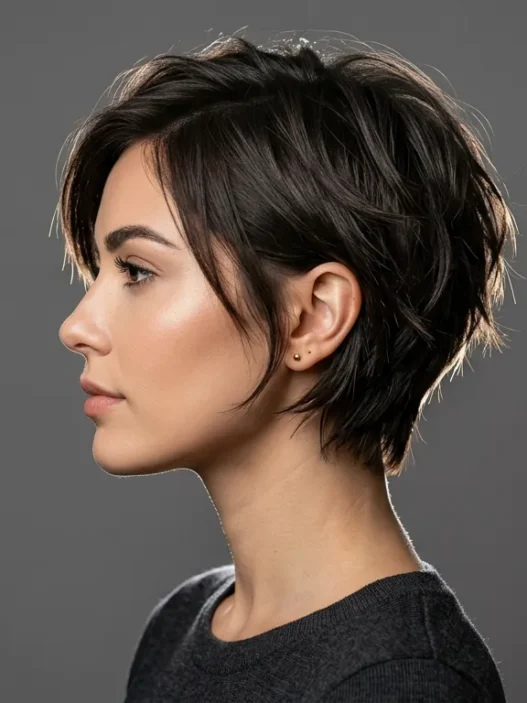 Woman with short layered haircut showing dimensional texture and movement in side profile view